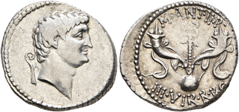 Mark Antony, 44-30 BC. Denarius (Silver, 19 mm, 3.81 g, 12 h), mint moving with ...