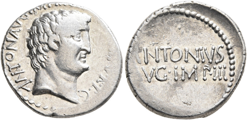 Mark Antony, 44-30 BC. Denarius (Silver, 19 mm, 3.84 g, 12 h), military mint mov...