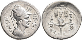 Octavian, 44-27 BC. Denarius (Silver, 19 mm, 3.68 g, 7 h), mint moving with Octavian in Greece, 42 BC. CAESAR III VIR•R•P C Helmeted and draped bust o...