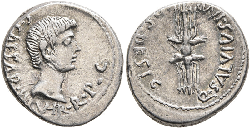 Octavian, 44-27 BC. Denarius (Silver, 18 mm, 3.84 g, 9 h), mint moving with Octa...