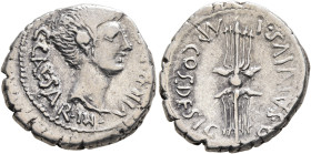 Octavian, 44-27 BC. Denarius (Silver, 18 mm, 3.67 g, 12 h), mint moving with Octavian in Italy, 40. C•CAESAR•III•VIR•R•P[•C] Bare head of Octavian to ...