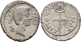 Octavian, 44-27 BC. Denarius (Silver, 18 mm, 3.56 g, 8 h), with Mark Antony, mint moving with Octavian, 39 BC. CAESAR IMP Bare head of Octavian to rig...