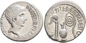 Octavian, 44-27 BC. Denarius (Silver, 18 mm, 4.06 g, 9 h), uncertain mint in Italy, 37 BC. IMP•CAESAR DIVI•F•III•VIR•ITER R P C Bare head of Octavian ...