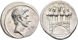 Octavian, 44-27 BC. Denarius (Silver, 20 mm, 3.57 g, 5 h), uncertain mint in Italy (Rome?), autumn 30-summer 29. Bare head of Octavian to right. Rev. ...