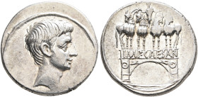 Octavian, 44-27 BC. Denarius (Silver, 19 mm, 4.00 g, 6 h), uncertain Italian mint (Rome?), autumn 30-summer 29. Bare head of Octavian to right. Rev. O...