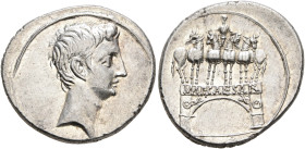 Octavian, 44-27 BC. Denarius (Silver, 20 mm, 4.02 g, 8 h), uncertain Italian mint (Rome?), autumn 30-summer 29. Bare head of Octavian to right. Rev. O...