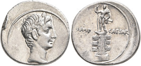 Octavian, 44-27 BC. Denarius (Silver, 19 mm, 4.05 g, 12 h), uncertain mint in Italy (Rome?), autumn 30-summer 29. Laureate head of Octavian to right. ...