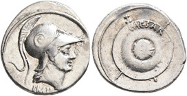 Octavian, 44-27 BC. Denarius (Silver, 19 mm, 3.64 g), uncertain mint in Italy (Rome?), autumn 30-summer 29 BC. IMP Bearded head of Mars to right, wear...