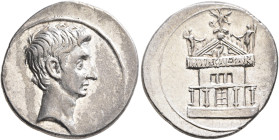 Octavian, 44-27 BC. Denarius (Silver, 20 mm, 3.79 g, 11 h), Brundisium or Rome, circa 29-27 BC. Bare head of Augustus to right. Rev. Temple with colon...