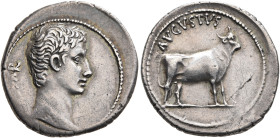 Augustus, 27 BC-AD 14. Denarius (Silver, 21 mm, 4.03 g, 12 h), Pergamum (?), circa 27 BC. CAESAR Bare head of Augustus to right. Rev. AVGVSTVS Bull st...