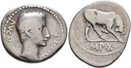 Augustus, 27 BC-AD 14. Denarius (Silver, 18 mm, 3.60 g, 10 h), Lugdunum, circa 15-13 BC. AVGVSTVS DIVI•F Bare head of Augustus to right. Rev. IMP•X Bu...