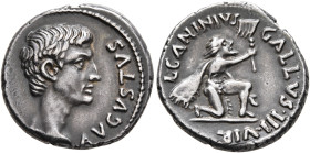 Augustus, 27 BC-AD 14. Denarius (Silver, 18 mm, 3.81 g, 11 h), Rome, 12 BC. AVGVSTVS Bare head of Augustus to right. Rev. L CANINIVS GALLVS•III•VIR Lo...