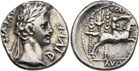 Augustus, 27 BC-AD 14. Denarius (Silver, 16 mm, 3.78 g, 1 h), Lugdunum, 7 BC. DIVI•F AVGVST[VS] Laureate head of Augustus to right. Rev. C•CAE[S] / AV...