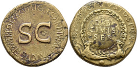 Divus Augustus, died AD 14. Sestertius (Orichalcum, 36 mm, 28.00 g, 12 h), Rome. Struck under Tiberius, 35-36. DIVO AVGVSTO S P Q R Shield surrounded ...