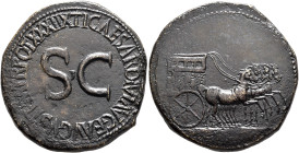 Tiberius, 14-37. Sestertius (Orichalcum, 36 mm, 25.15 g, 7 h), Rome, 36-37. Empty horse-drawn quadriga to right, decorated, on its sides, with Victory...