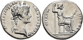 Tiberius, 14-37. Denarius (Silver, 16 mm, 3.74 g, 12 h), Lugdunum, 15-18. TI CAESAR DIVI AVG F AVGVS[TVS] Laureate head of Tiberius to right. Rev. PON...