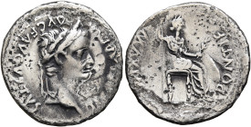 Tiberius, 14-37. Denarius (Silver, 18 mm, 3.38 g, 5 h), Lugdunum, group 1, circa 15-18. TI CAESAR DIVI AVG F AVGVSTVS Laureate head of Tiberius to rig...