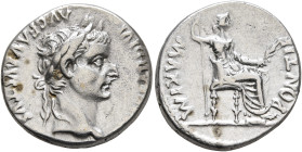 Tiberius, 14-37. Denarius (Silver, 17 mm, 3.75 g, 9 h), Lugdunum, group 4, circa 18-35. [TI CA]ESAR DIVI AVG F AVGVSTVS Laureate head of Tiberius to r...