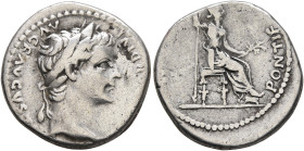 Tiberius, 14-37. Denarius (Silver, 17 mm, 3.69 g, 10 h), Lugdunum, group 4, circa 18-35. [TI CAES]AR DIVI AVG F AVGVST[VS] Laureate head of Tiberius t...