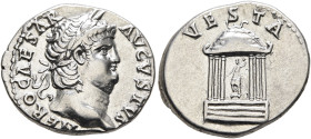 Nero, 54-68. Denarius (Silver, 16 mm, 3.32 g, 7 h), Rome, circa 65-66. NERO CAESAR AVGVSTVS Laureate head of Nero to right. Rev. VESTA The Temple of V...