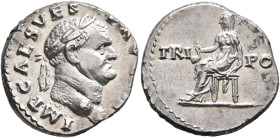 Vespasian, 69-79. Denarius (Silver, 18 mm, 3.32 g, 6 h), Rome, 71. IMP CAES VESP AVG P M Laureate head of Vespasian to right. Rev. TRI PO[T] Vesta sea...