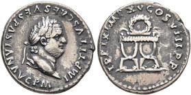 Titus, 79-81. Denarius (Silver, 17 mm, 3.16 g, 7 h), Rome, January-June 80. IMP TITVS CAES VESPASIAN AVG P M Laureate head of Titus to right. Rev. TR ...