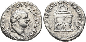 Titus, 79-81. Denarius (Silver, 16 mm, 3.23 g, 6 h), Rome, January-June 80. IMP TITVS CAES VES[PA]SIAN AVG P M Laureate head of Titus to right. Rev. T...