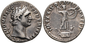 Domitian, 81-96. Denarius (Silver, 17 mm, 3.50 g, 6 h), Rome, 92. IMP CAES DOMIT AVG GERM PM TR P XI Laureate head of Domitian to right. Rev. IMP XXI ...