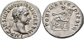 Trajan, 98-117. Denarius (Silver, 18 mm, 3.51 g, 7 h), Rome, 98. IMP CAES NERVA TRAIAN AVG GERM Laureate head of Trajan to right. Rev. PONT MAX TR POT...