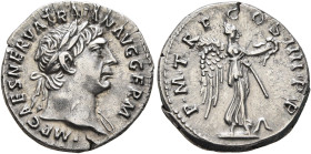 Trajan, 98-117. Denarius (Silver, 17 mm, 3.09 g, 6 h), Rome, 102. IMP CAES NERVA TRAIAN AVG GERM Laureate head of Trajan to right. Rev. P M TR P COS I...