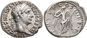 Trajan, 98-117. Denarius (Silver, 20 mm, 3.14 g, 6 h), Rome, 102. IMP CAES NERVA TRAIAN AVG GERM Laureate head of Trajan to right. Rev. P•M•TR•P•COS•I...