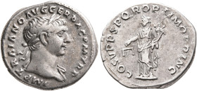 Trajan, 98-117. Denarius (Silver, 19 mm, 3.33 g, 6 h), Rome, circa 107-108. IMP TRAIANO AVG GER DAC P M TR P Laureate head of Trajan to right, with sl...