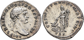 Trajan, 98-117. Denarius (Silver, 18 mm, 2.91 g, 6 h), Rome, 111. IMP TRAIANO AVG GER DAC P M TR P Laureate head of Trajan to right, with slight drape...