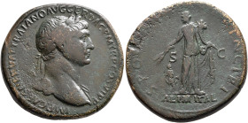 Trajan, 98-117. Sestertius (Orichalcum, 32 mm, 24.69 g, 6 h), Rome, circa 112-113. IMP CAES NERVAE TRAIANO AVG GER DAC P M TR P COS VI P P Laureate he...