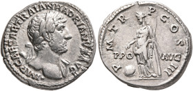 Hadrian, 117-138. Denarius (Silver, 19 mm, 3.35 g, 6 h), Rome, late 121-123. IMP CAESAR TRAIAN HADRIANVS AVG Laureate head of Hadrian to right, with s...