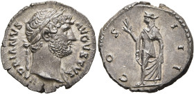 Hadrian, 117-138. Denarius (Silver, 17 mm, 3.53 g, 7 h), Rome, circa 124-125. HADRIANVS AVGVSTVS Laureate head of Hadrian to right, with slight draper...