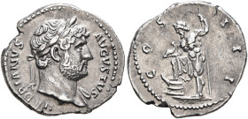 Hadrian, 117-138. Denarius (Silver, 17 mm, 3.34 g, 7 h), Rome, circa 125-126/7. HADRIANVS AVGVSTVS Laureate head of Hadrian to right, with slight drap...