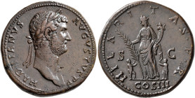 Hadrian, 117-138. Sestertius (Orichalcum, 32 mm, 26.42 g, 6 h), Rome, 128-129. HADRIANVS AVGVSTVS P P Laureate head of Hadrian to right. Rev. HILARITA...