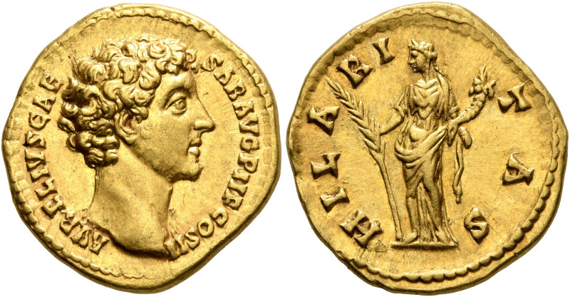 Marcus Aurelius, as Caesar, 139-161. Aureus (Gold, 19 mm, 7.38 g, 6 h), Rome, 14...