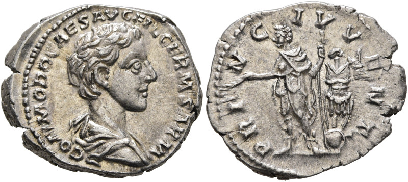 Commodus, as Caesar, 166-177. Denarius (Silver, 19 mm, 3.42 g, 12 h), Rome, 175-...