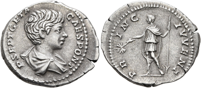 Geta, as Caesar, 198-209. Denarius (Silver, 19 mm, 3.19 g, 7 h), Rome, 199. P SE...