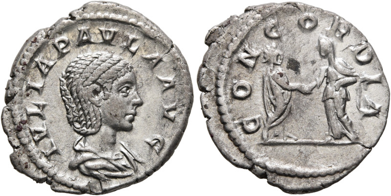 Julia Paula, Augusta, 219-220. Denarius (Silver, 20 mm, 3.13 g, 6 h), Rome, 220....