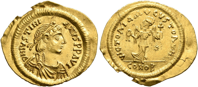 Justinian I, 527-565. Tremissis (Gold, 18 mm, 1.46 g, 6 h), Thessalonica, circa ...