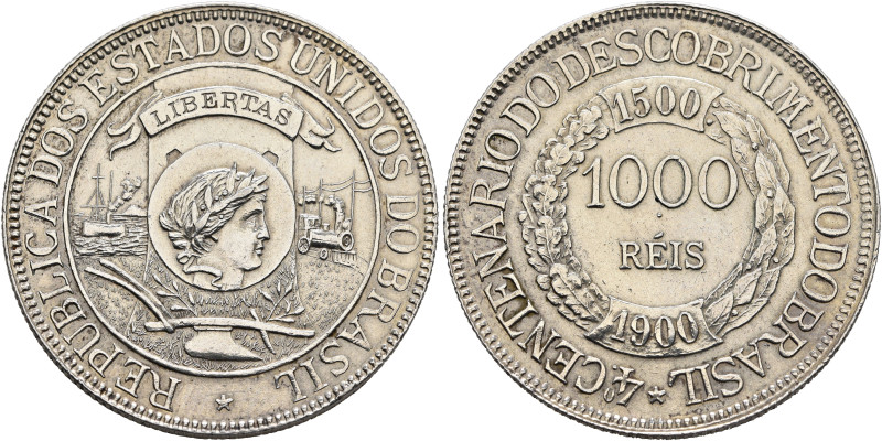 BRAZIL, Republic. 1889-1930. 1000 Réis 1900 (Silver, 30 mm, 12.73 g, 6 h), on th...