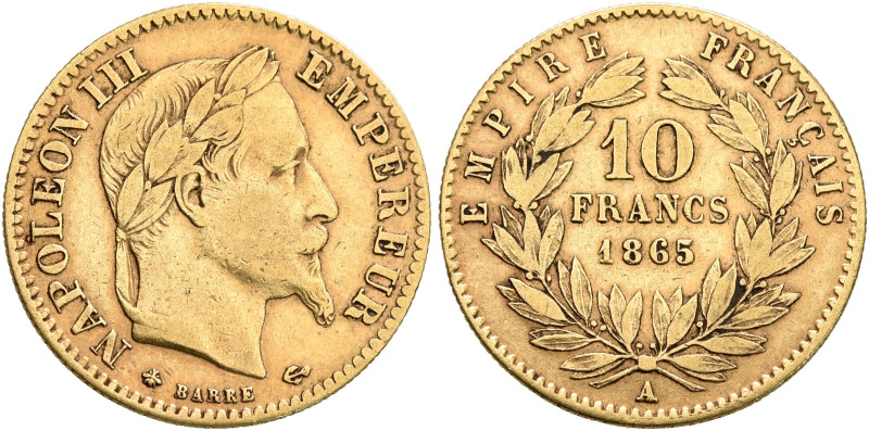 FRANCE, Second Empire. Napoléon III, 1852-1870. 10 Francs 1865 (Gold, 19 mm, 3.2...