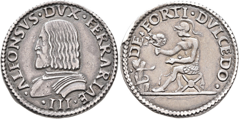 ITALY. Ferrara. Alfonso I d'Este, 1505-1534. Quarto Scudo or Testone (Silver, 29...