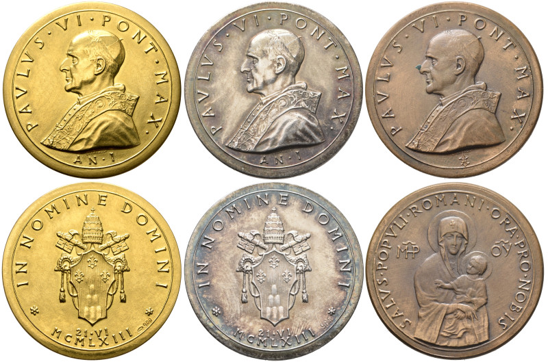 ITALY. Papal Coinage. Paul VI, 1963-1978. Set of 3 Medals RY 1 = 1963 (Gold, Sil...