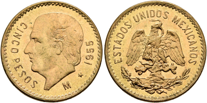 MEXICO, Estados Unidos Mexicanos. 1905-present. 5 Pesos 1955 (Gold, 19 mm, 4.27 ...