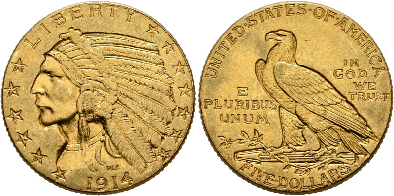 UNITED STATES. 1776-pres. 5 Dollars 1914 (Gold, 22 mm, 8.35 g, 6 h), Indian Head...