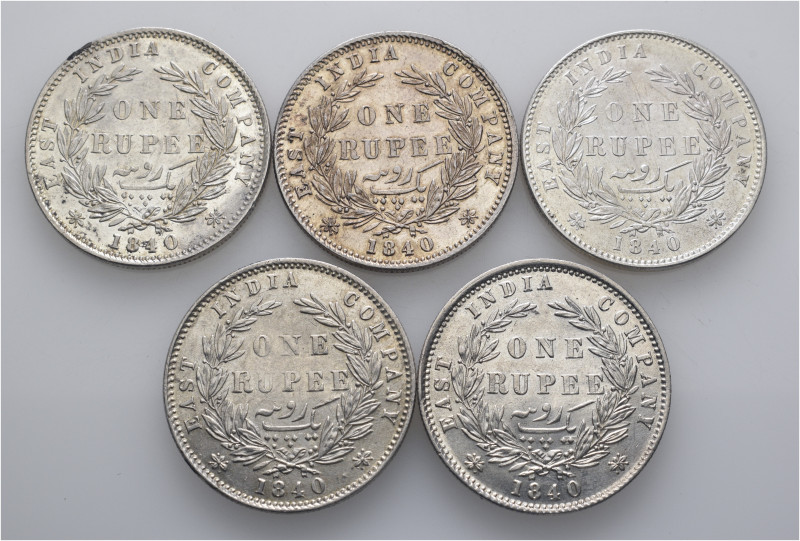 A lot containing 5 silver coins. All: India. Extremely fine to virtually as stru...